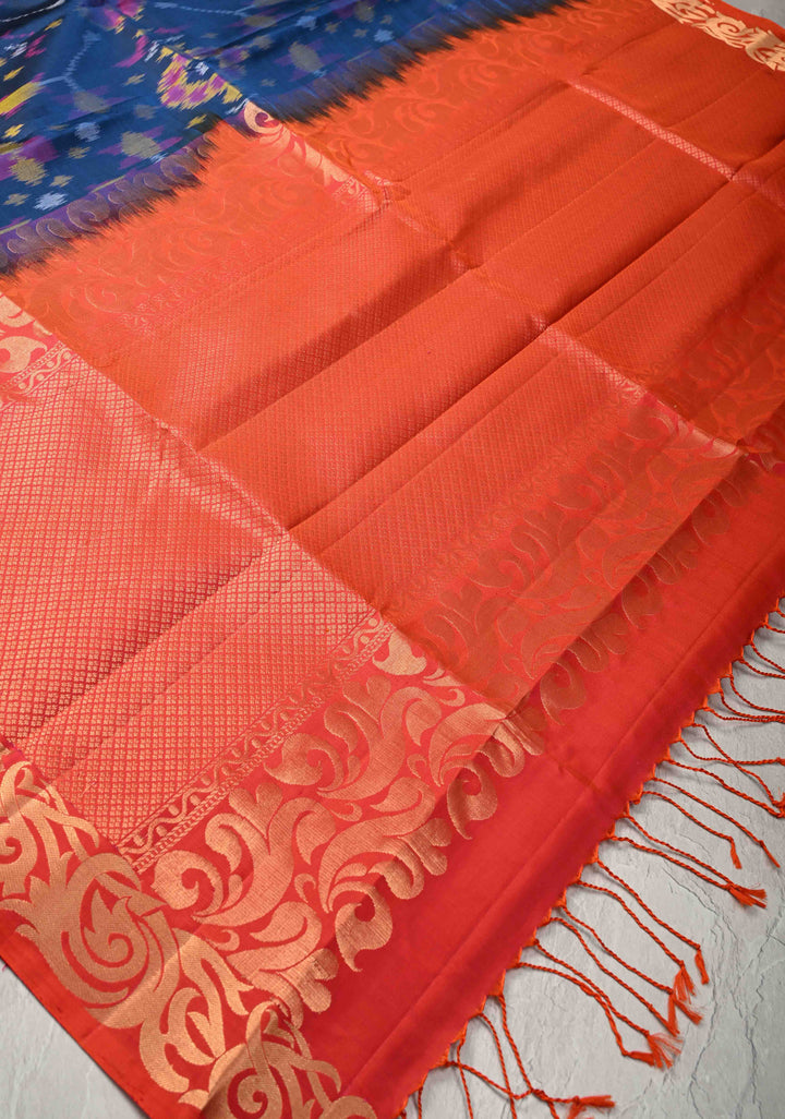 Midnight Blue fusion Ikkat Kanjivaram Soft Silk Saree with Geometric Jaal and Zari Border | SILK MARK CERTIFIED