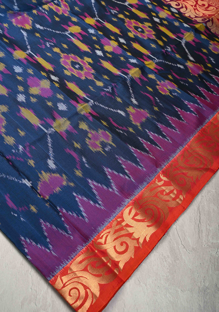 Midnight Blue fusion Ikkat Kanjivaram Soft Silk Saree with Geometric Jaal and Zari Border | SILK MARK CERTIFIED