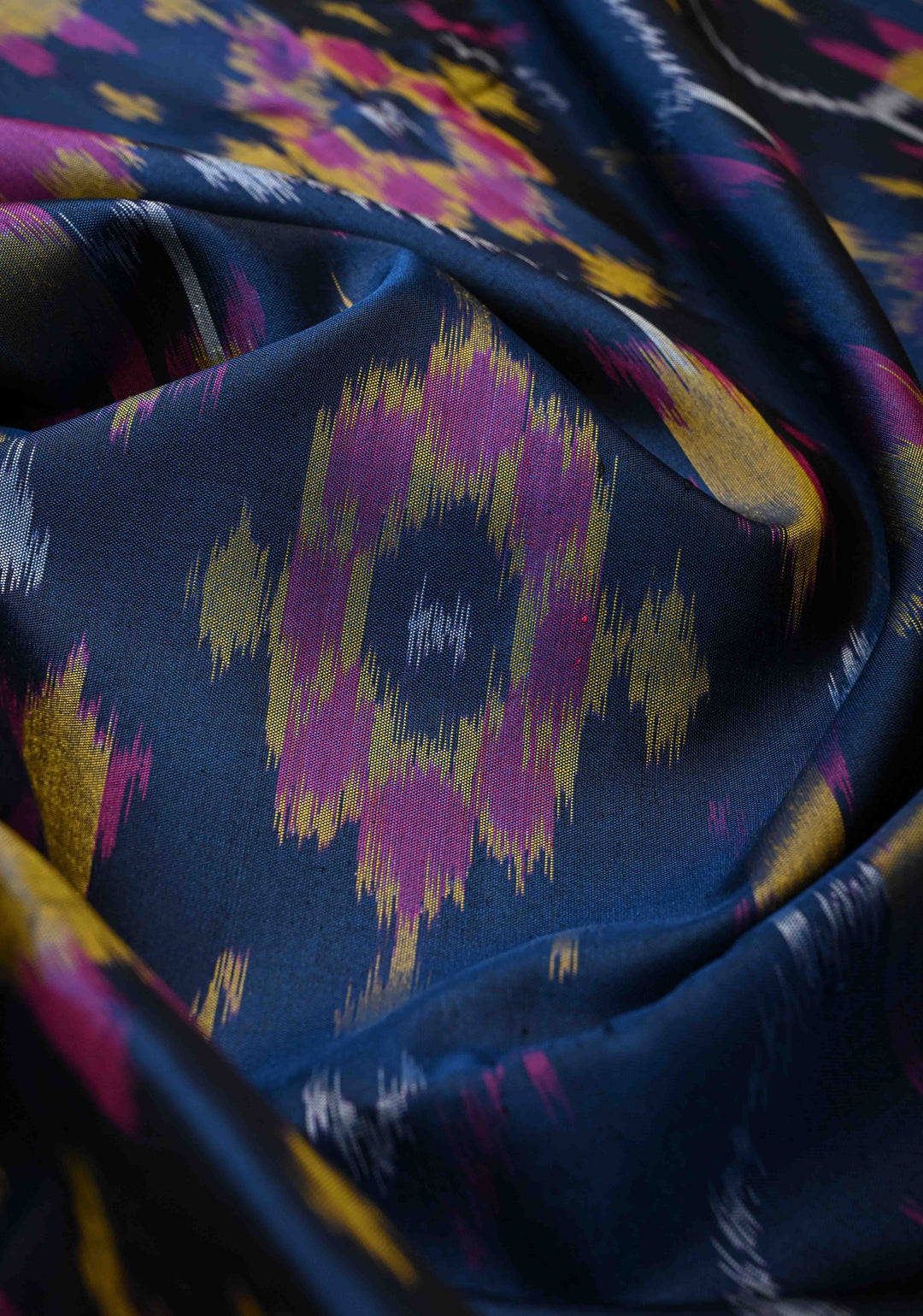 Midnight Blue fusion Ikkat Kanjivaram Soft Silk Saree with Geometric Jaal and Zari Border | SILK MARK CERTIFIED