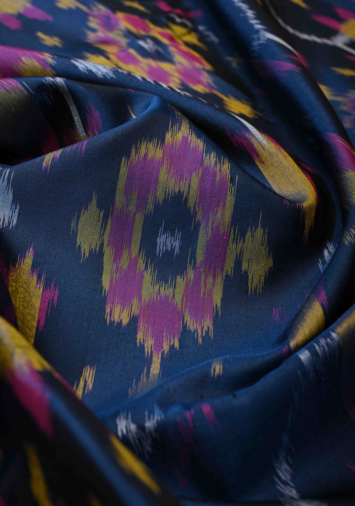 Midnight Blue fusion Ikkat Kanjivaram Soft Silk Saree with Geometric Jaal and Zari Border | SILK MARK CERTIFIED