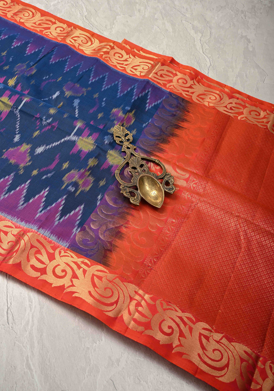 Midnight Blue fusion Ikkat Kanjivaram Soft Silk Saree with Geometric Jaal and Zari Border | SILK MARK CERTIFIED