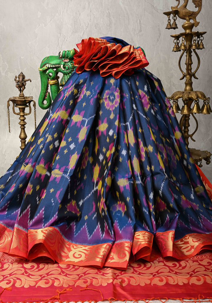 Midnight Blue fusion Ikkat Kanjivaram Soft Silk Saree with Geometric Jaal and Zari Border | SILK MARK CERTIFIED