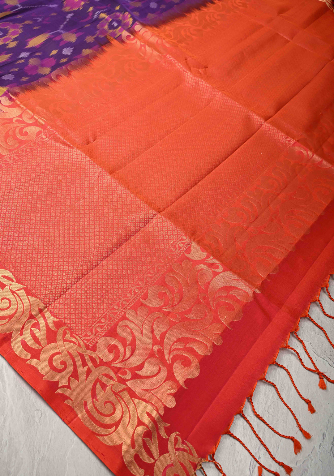 Violet Purple fusion Ikkat Kanjivaram Soft Silk Saree with Geometric Jaal and Zari Border | SILK MARK CERTIFIED