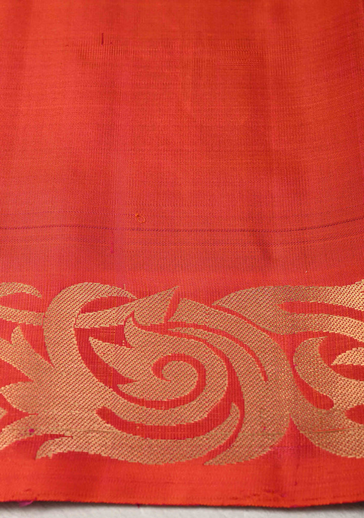Violet Purple fusion Ikkat Kanjivaram Soft Silk Saree with Geometric Jaal and Zari Border | SILK MARK CERTIFIED