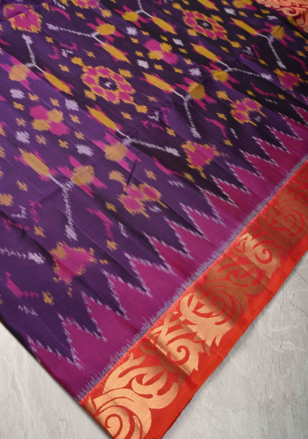 Violet Purple fusion Ikkat Kanjivaram Soft Silk Saree with Geometric Jaal and Zari Border | SILK MARK CERTIFIED