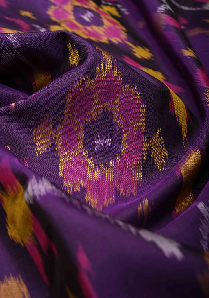 Violet Purple fusion Ikkat Kanjivaram Soft Silk Saree with Geometric Jaal and Zari Border | SILK MARK CERTIFIED