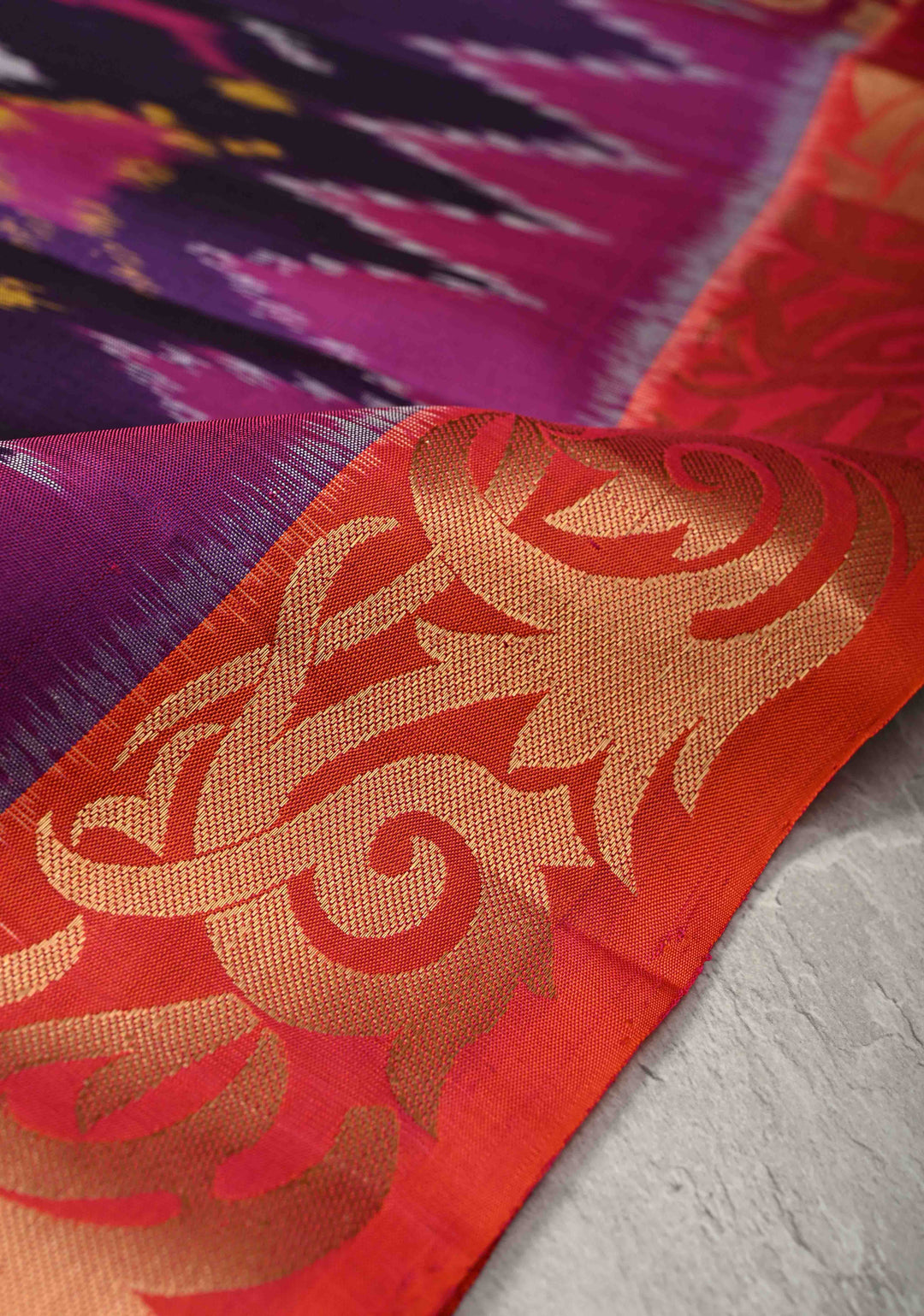 Violet Purple fusion Ikkat Kanjivaram Soft Silk Saree with Geometric Jaal and Zari Border | SILK MARK CERTIFIED
