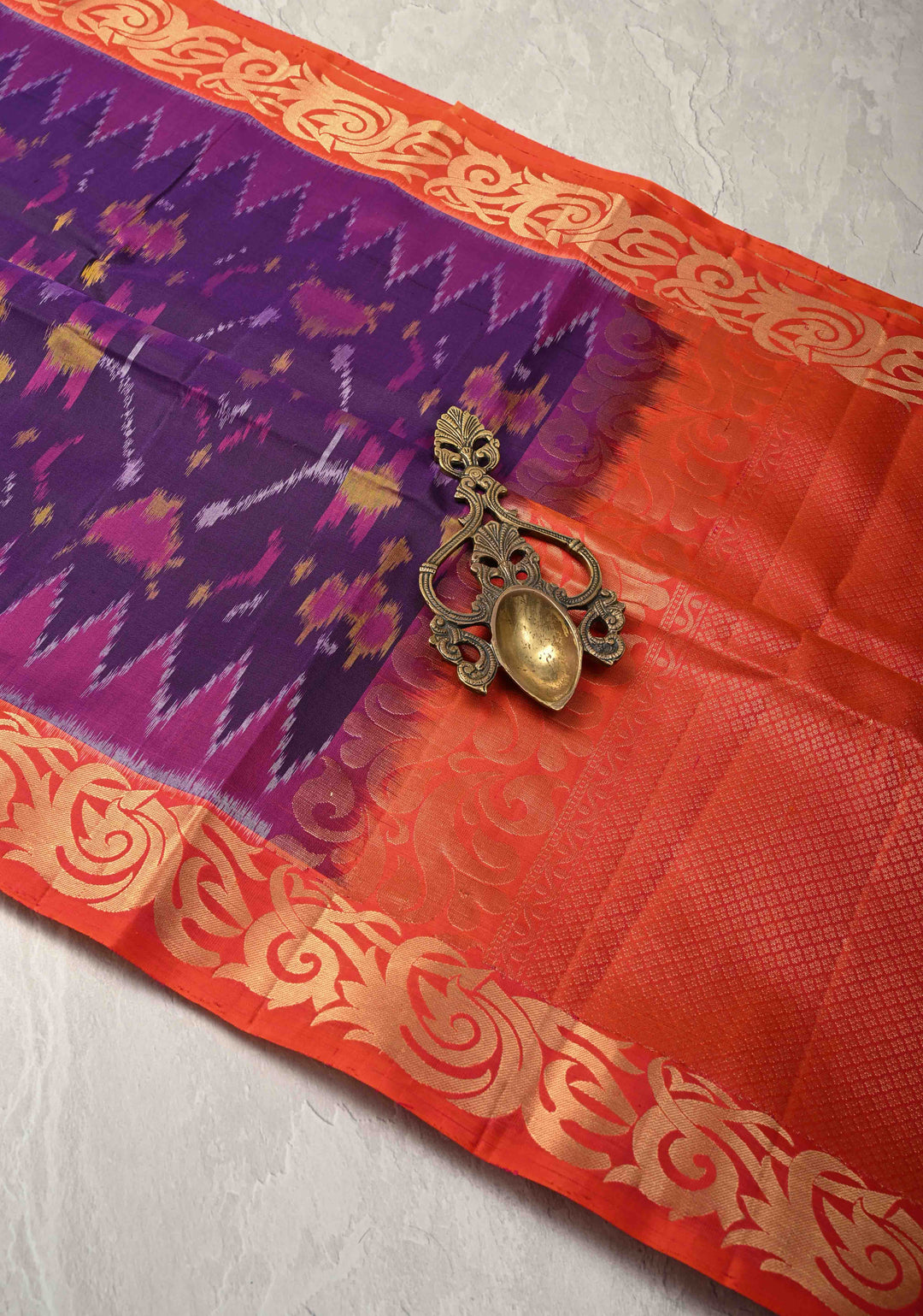 Violet Purple fusion Ikkat Kanjivaram Soft Silk Saree with Geometric Jaal and Zari Border | SILK MARK CERTIFIED