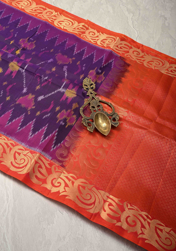 Violet Purple fusion Ikkat Kanjivaram Soft Silk Saree with Geometric Jaal and Zari Border | SILK MARK CERTIFIED