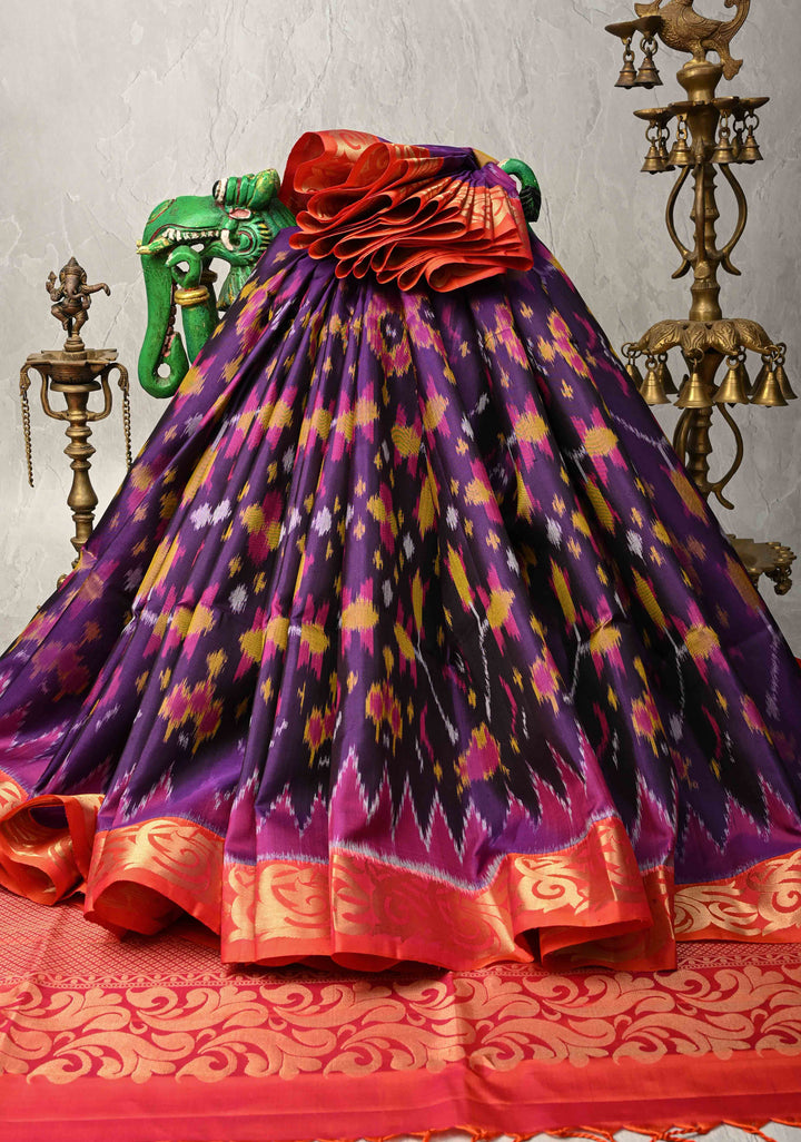 Violet Purple fusion Ikkat Kanjivaram Soft Silk Saree with Geometric Jaal and Zari Border | SILK MARK CERTIFIED