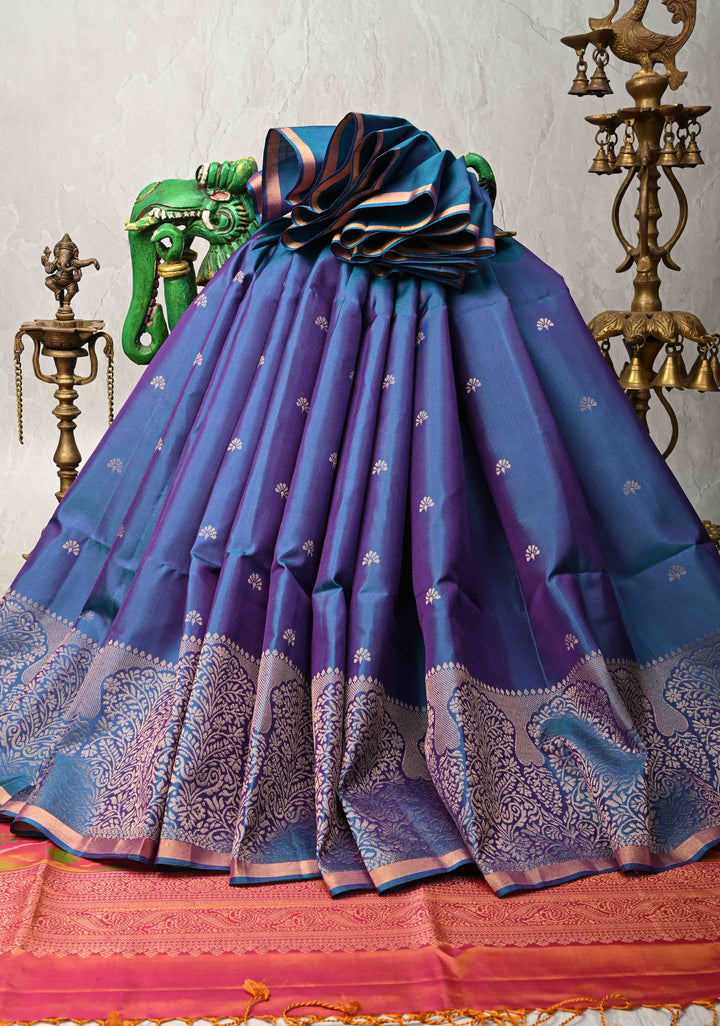 Sapphire Blue Zari Buttas on Kanjivaram Soft Silk Saree with Zari Border and Ikkat Pallu | SILK MARK CERTIFIED