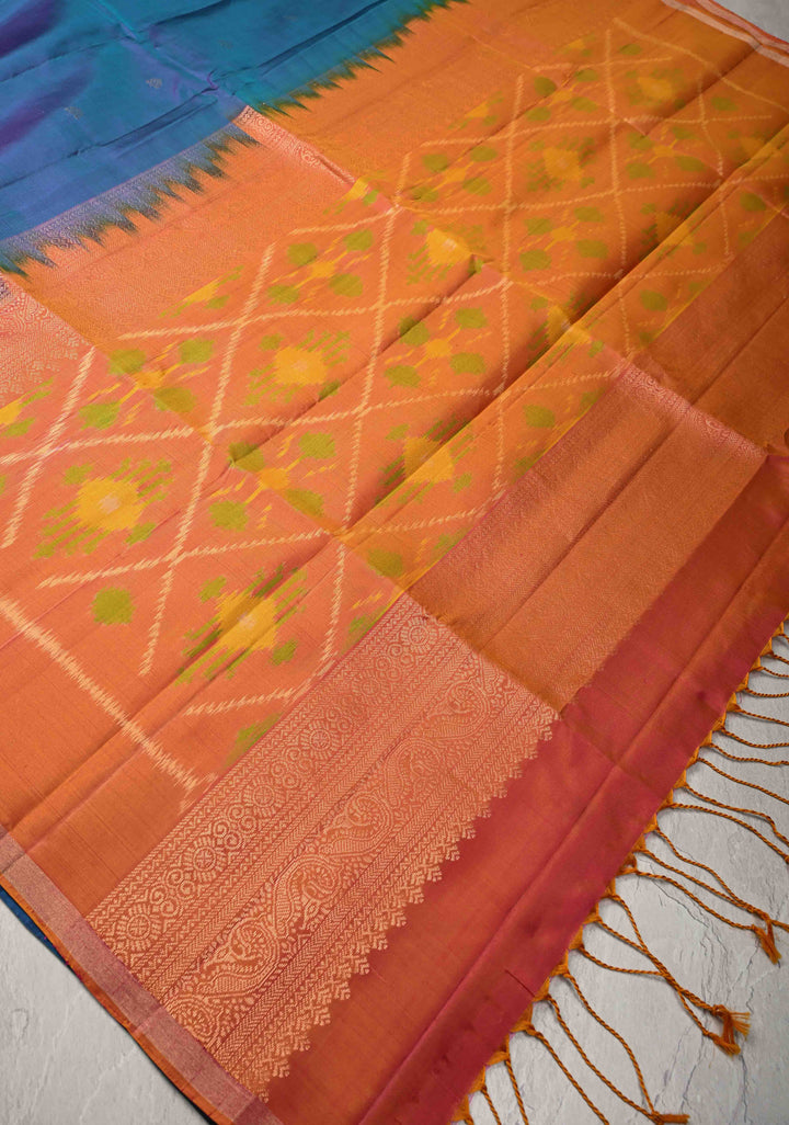 Sapphire Blue Zari Buttas on Kanjivaram Soft Silk Saree with Zari Border and Ikkat Pallu | SILK MARK CERTIFIED