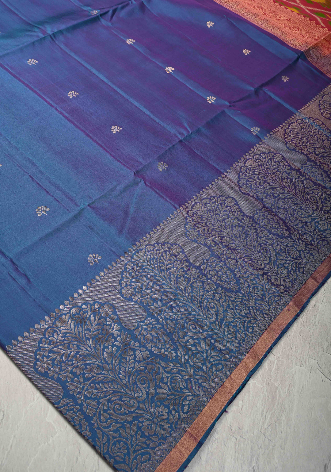 Sapphire Blue Zari Buttas on Kanjivaram Soft Silk Saree with Zari Border and Ikkat Pallu | SILK MARK CERTIFIED