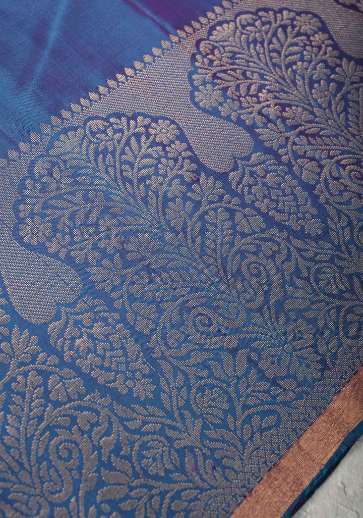 Sapphire Blue Zari Buttas on Kanjivaram Soft Silk Saree with Zari Border and Ikkat Pallu | SILK MARK CERTIFIED