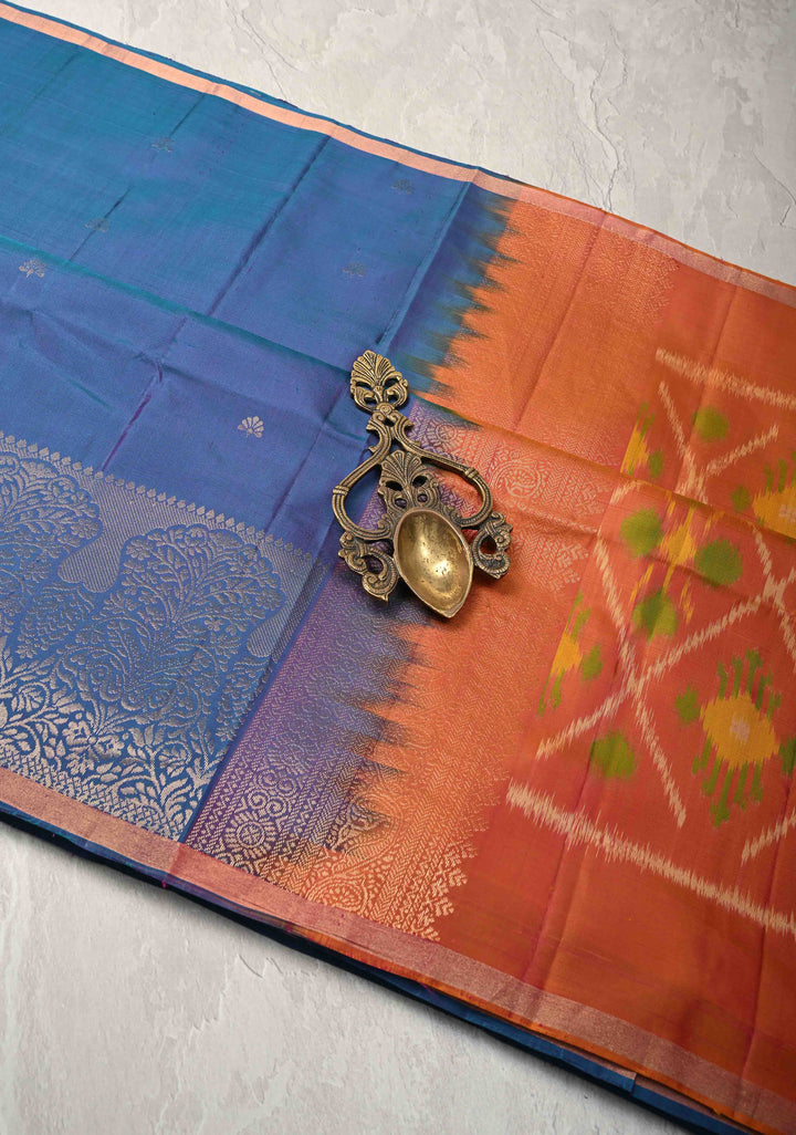 Sapphire Blue Zari Buttas on Kanjivaram Soft Silk Saree with Zari Border and Ikkat Pallu | SILK MARK CERTIFIED
