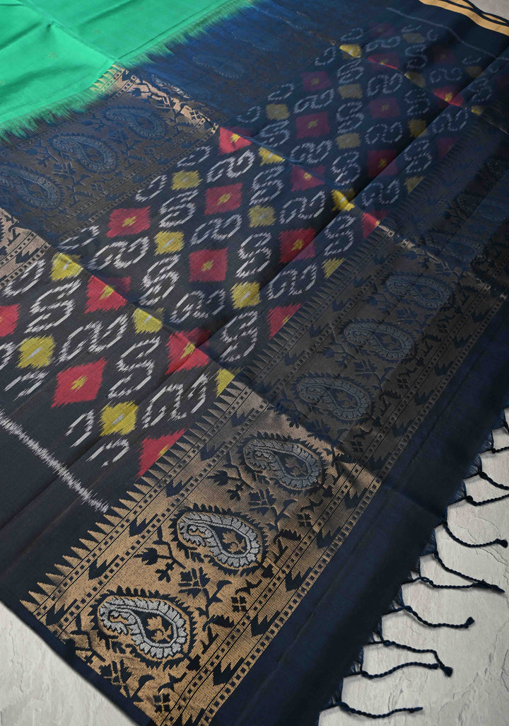 Sea Green Zari Buttas on Kanjivaram Soft Silk Saree with Zari Border and Ikkat Pallu | SILK MARK CERTIFIED