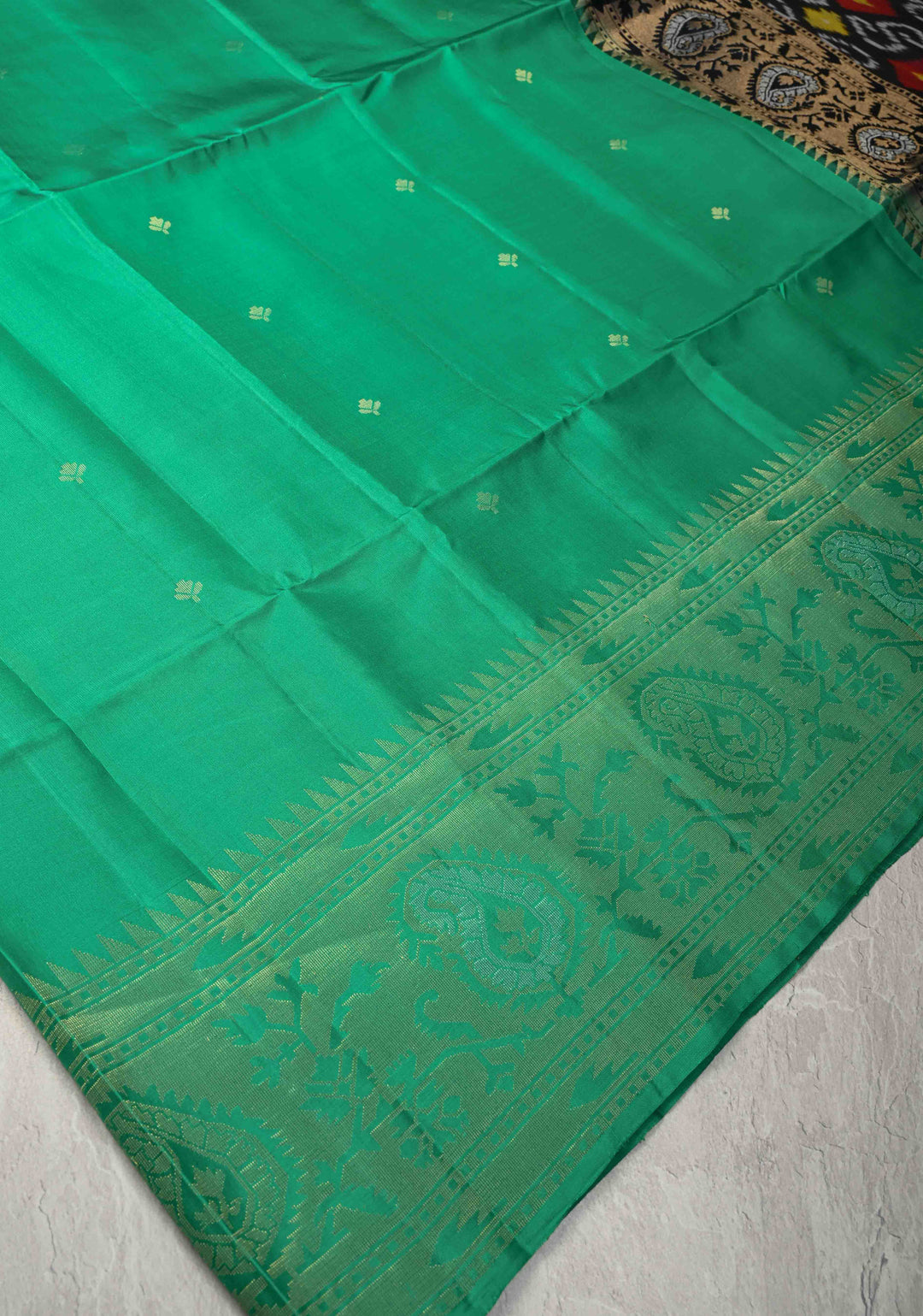 Sea Green Zari Buttas on Kanjivaram Soft Silk Saree with Zari Border and Ikkat Pallu | SILK MARK CERTIFIED