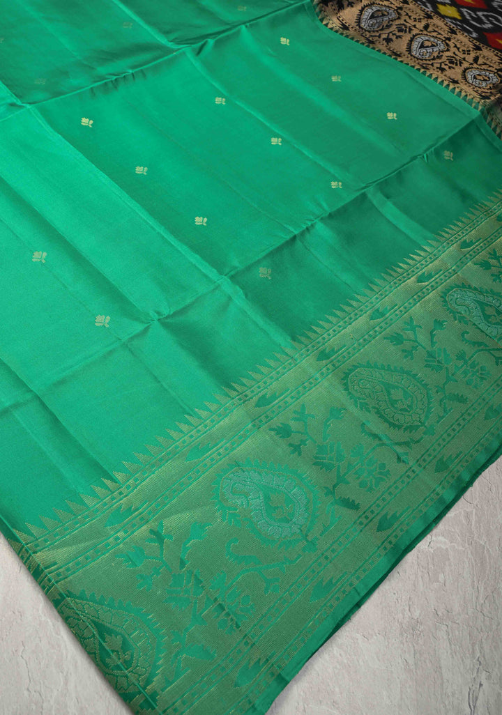 Sea Green Zari Buttas on Kanjivaram Soft Silk Saree with Zari Border and Ikkat Pallu | SILK MARK CERTIFIED