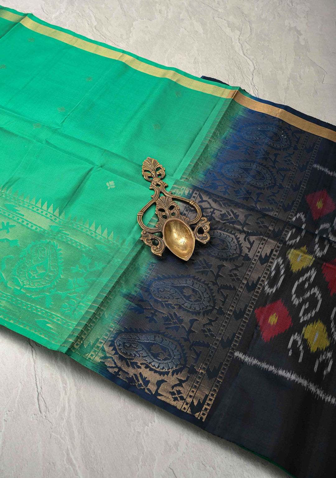 Sea Green Zari Buttas on Kanjivaram Soft Silk Saree with Zari Border and Ikkat Pallu | SILK MARK CERTIFIED