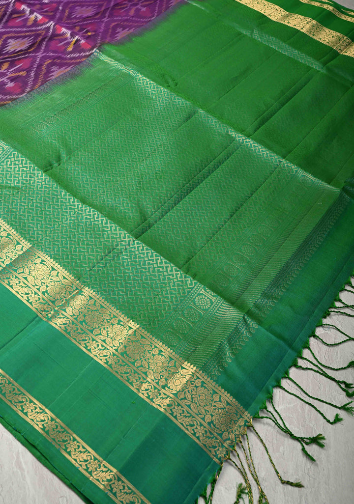 Purple fusion Ikkat Kanjivaram Soft Silk Saree with Geometric Jaal and Zari Border | SILK MARK CERTIFIED
