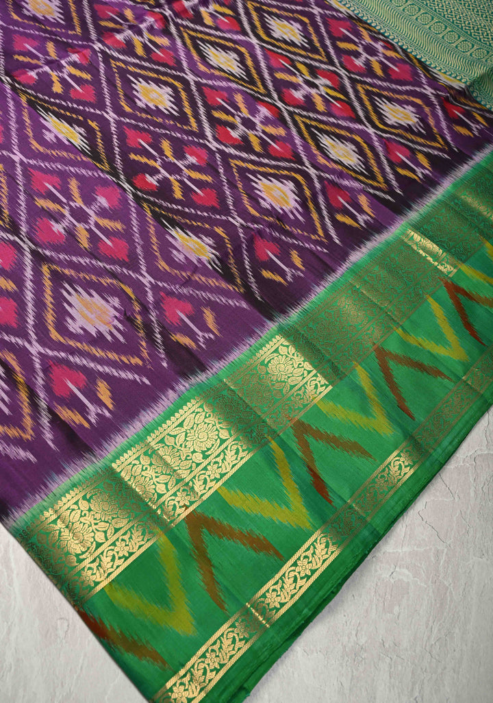 Purple fusion Ikkat Kanjivaram Soft Silk Saree with Geometric Jaal and Zari Border | SILK MARK CERTIFIED