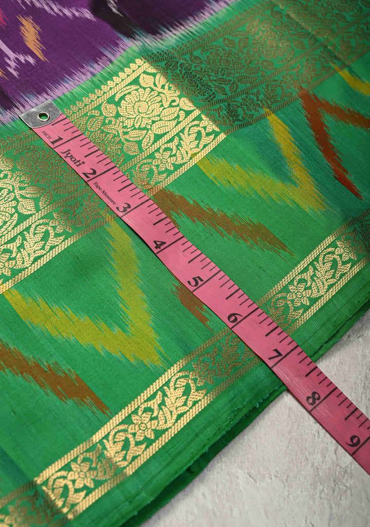 Purple fusion Ikkat Kanjivaram Soft Silk Saree with Geometric Jaal and Zari Border | SILK MARK CERTIFIED