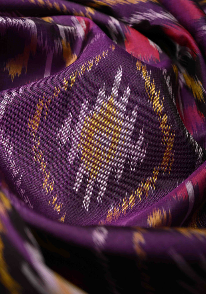 Purple fusion Ikkat Kanjivaram Soft Silk Saree with Geometric Jaal and Zari Border | SILK MARK CERTIFIED