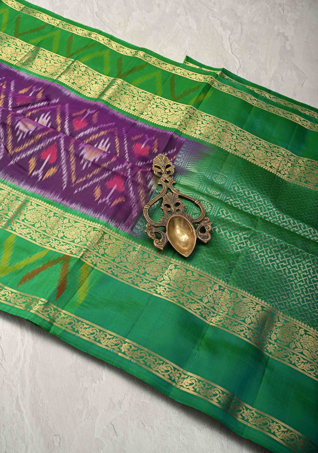 Purple fusion Ikkat Kanjivaram Soft Silk Saree with Geometric Jaal and Zari Border | SILK MARK CERTIFIED