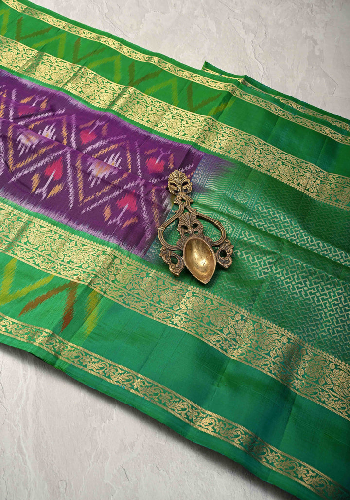 Purple fusion Ikkat Kanjivaram Soft Silk Saree with Geometric Jaal and Zari Border | SILK MARK CERTIFIED