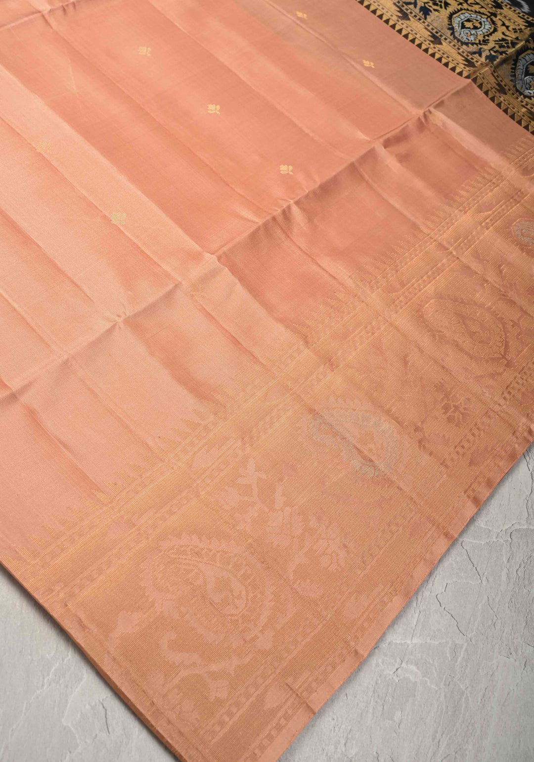 Peach Zari Buttas on Kanjivaram Soft Silk Saree with Zari Border and Ikkat Pallu | SILK MARK CERTIFIED