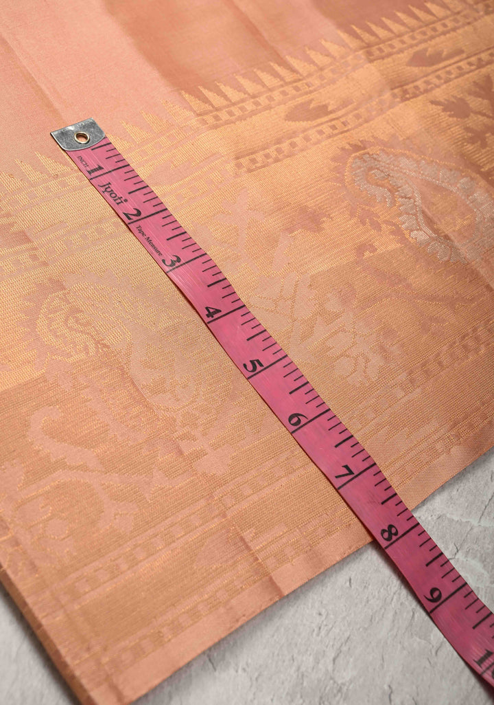 Peach Zari Buttas on Kanjivaram Soft Silk Saree with Zari Border and Ikkat Pallu | SILK MARK CERTIFIED