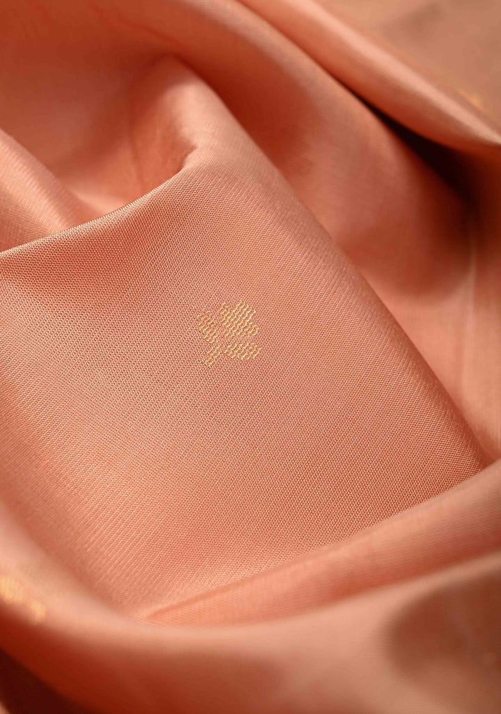 Peach Zari Buttas on Kanjivaram Soft Silk Saree with Zari Border and Ikkat Pallu | SILK MARK CERTIFIED
