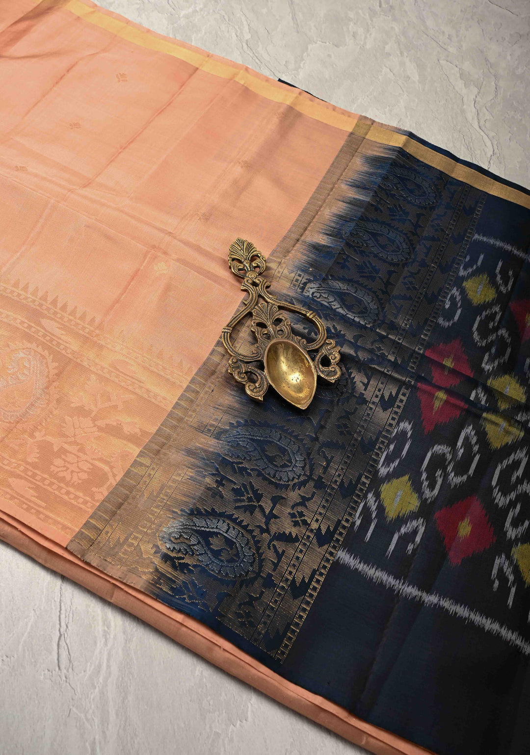 Peach Zari Buttas on Kanjivaram Soft Silk Saree with Zari Border and Ikkat Pallu | SILK MARK CERTIFIED