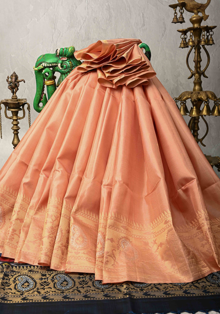 Peach Zari Buttas on Kanjivaram Soft Silk Saree with Zari Border and Ikkat Pallu | SILK MARK CERTIFIED