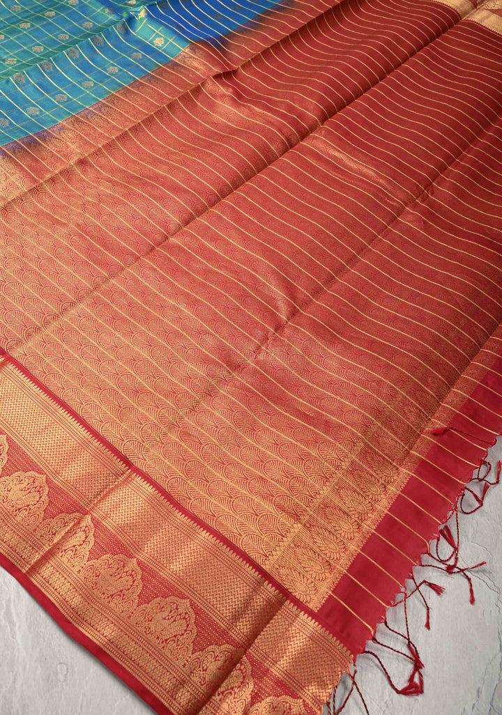 Blue Dual tone Zari Checks on  Kanjivaram Soft Silk Saree with Zari Buttas and Contrast Zari Border | SILK MARK CERTIFIED