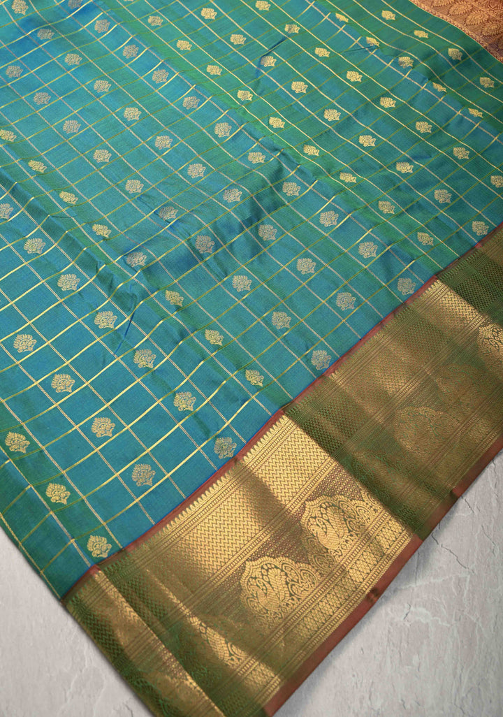 Blue Dual tone Zari Checks on  Kanjivaram Soft Silk Saree with Zari Buttas and Contrast Zari Border | SILK MARK CERTIFIED