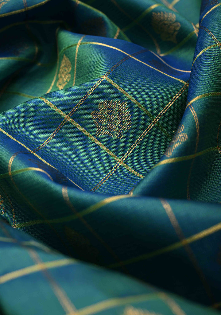 Blue Dual tone Zari Checks on  Kanjivaram Soft Silk Saree with Zari Buttas and Contrast Zari Border | SILK MARK CERTIFIED