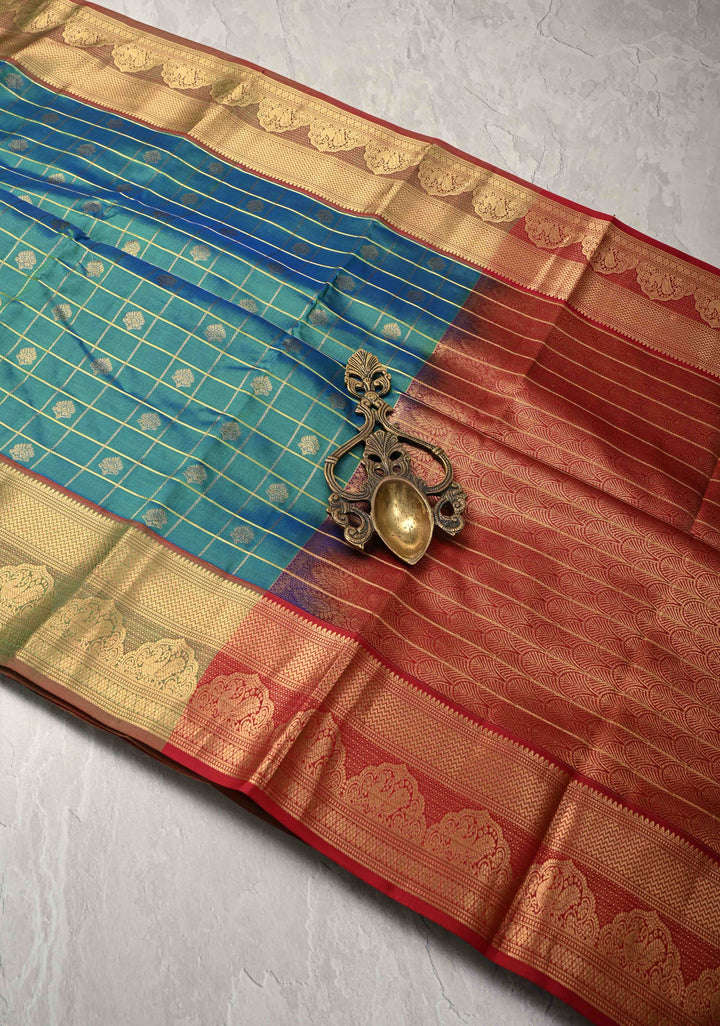 Blue Dual tone Zari Checks on  Kanjivaram Soft Silk Saree with Zari Buttas and Contrast Zari Border | SILK MARK CERTIFIED