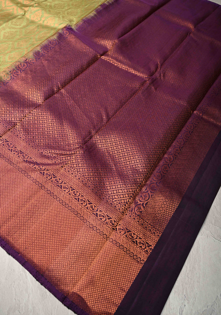 Tea Green Kanjivaram Soft Silk Saree with Brocade Jaal and Contrast Zari Border | SILK MARK CERTIFIED
