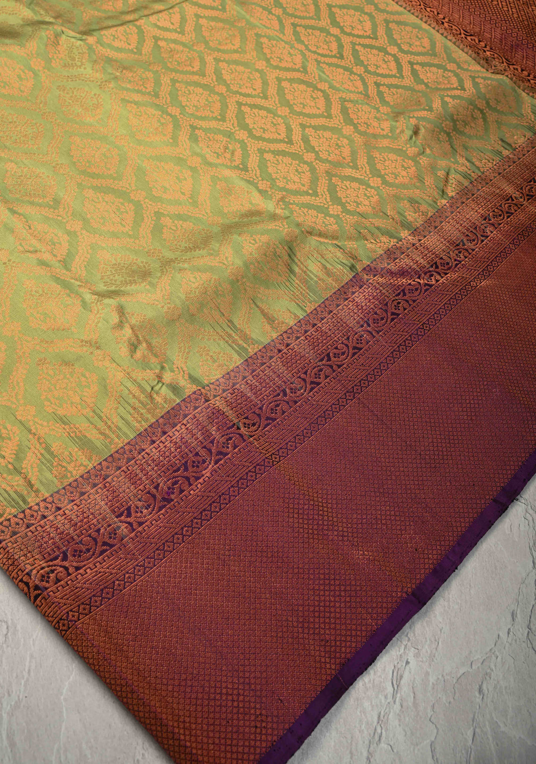 Tea Green Kanjivaram Soft Silk Saree with Brocade Jaal and Contrast Zari Border | SILK MARK CERTIFIED