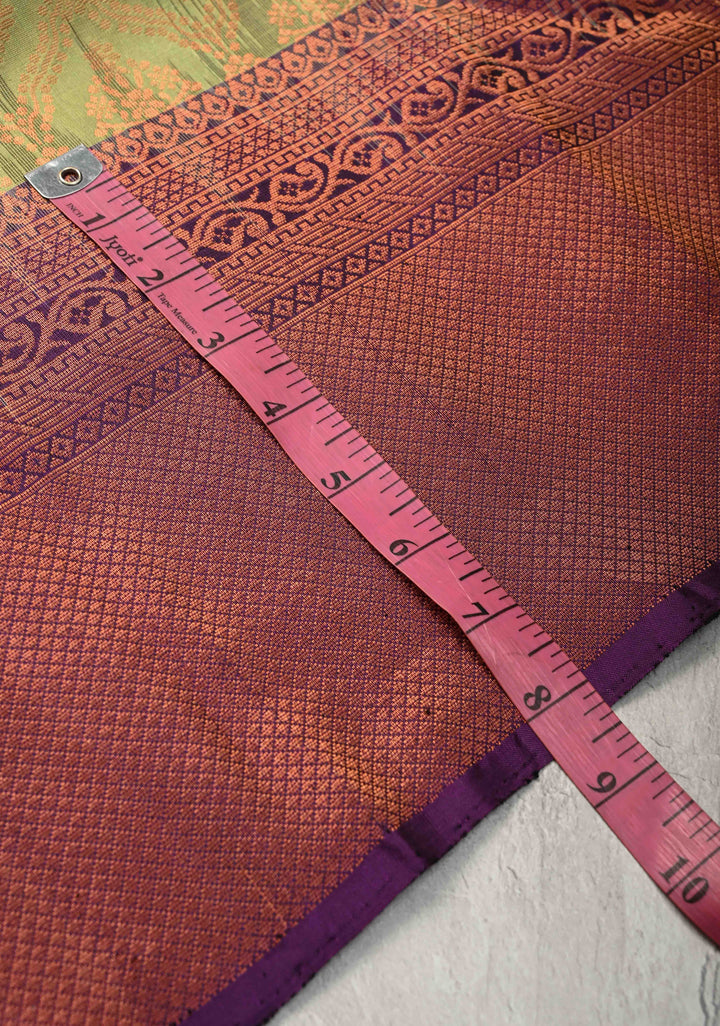Tea Green Kanjivaram Soft Silk Saree with Brocade Jaal and Contrast Zari Border | SILK MARK CERTIFIED