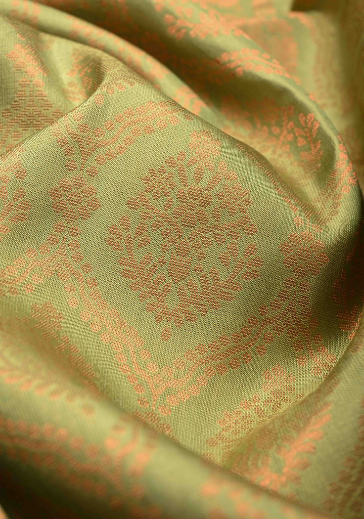 Tea Green Kanjivaram Soft Silk Saree with Brocade Jaal and Contrast Zari Border | SILK MARK CERTIFIED