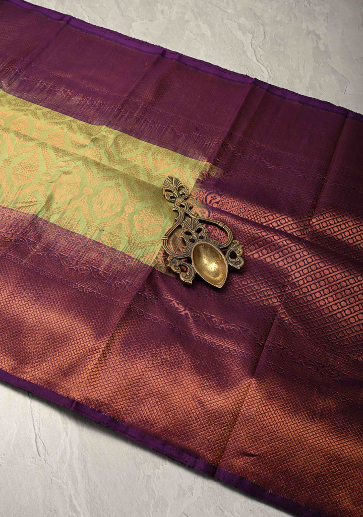 Tea Green Kanjivaram Soft Silk Saree with Brocade Jaal and Contrast Zari Border | SILK MARK CERTIFIED