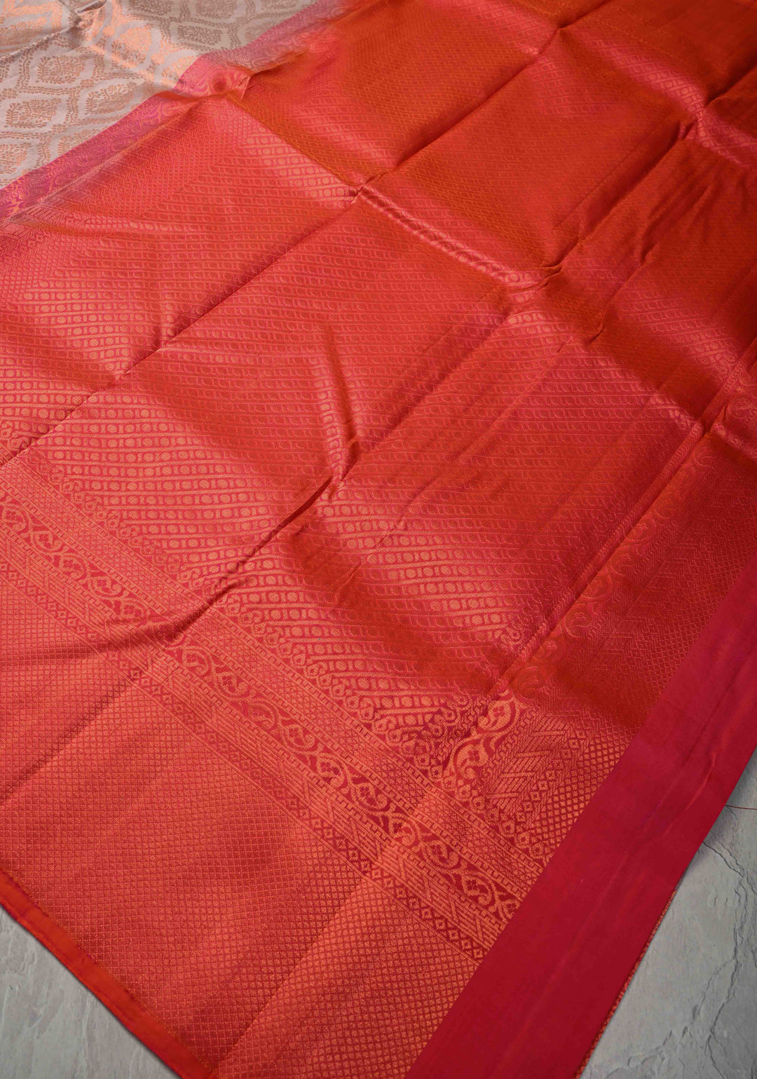 Taupe Kanjivaram Soft Silk Saree with Brocade Jaal and Contrast Zari Border | SILK MARK CERTIFIED