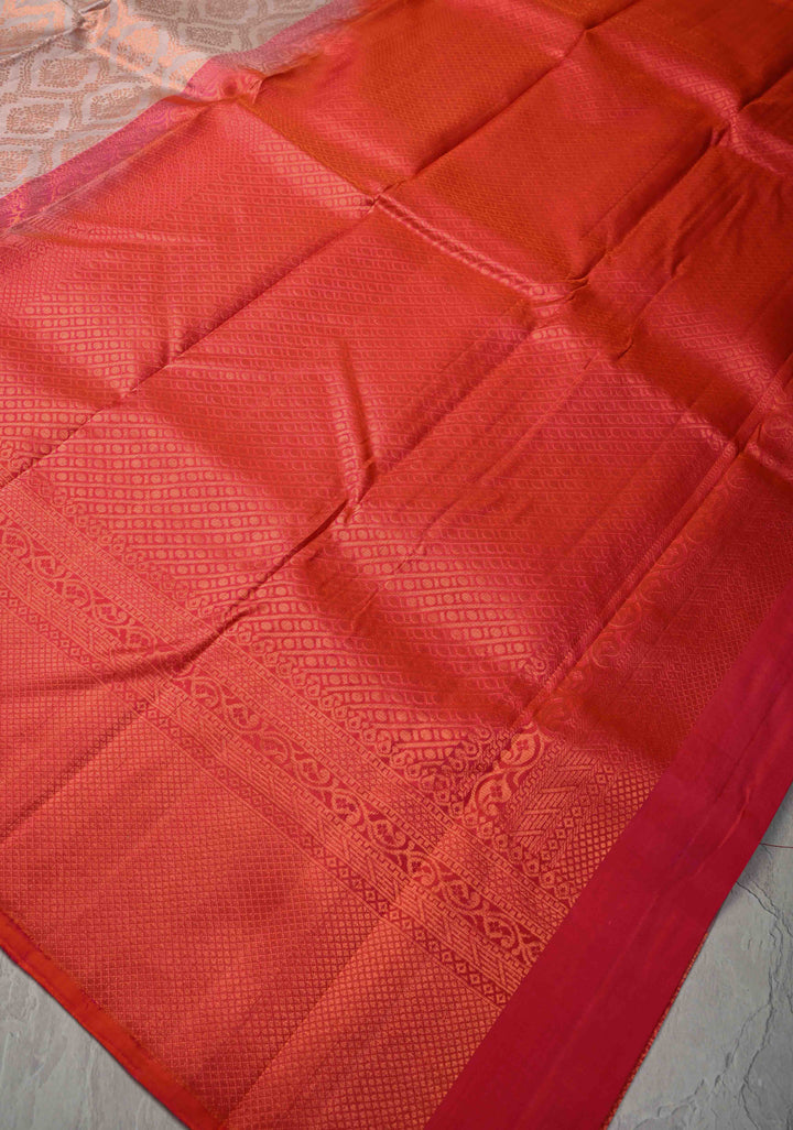 Taupe Kanjivaram Soft Silk Saree with Brocade Jaal and Contrast Zari Border | SILK MARK CERTIFIED