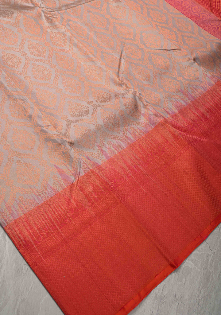 Taupe Kanjivaram Soft Silk Saree with Brocade Jaal and Contrast Zari Border | SILK MARK CERTIFIED