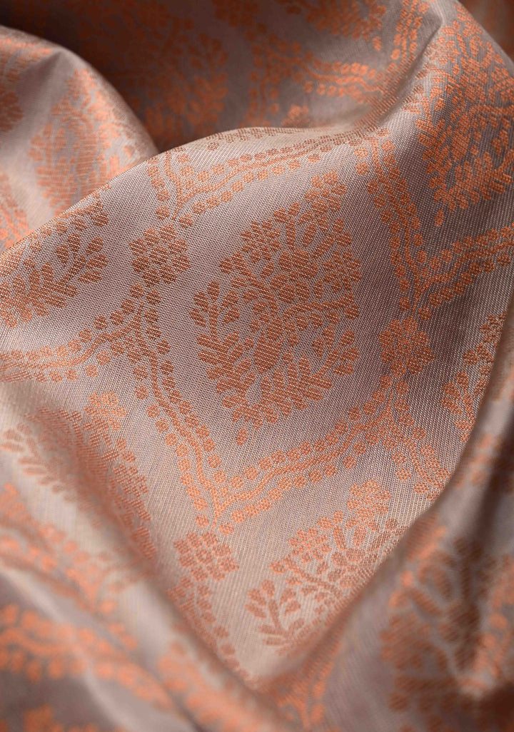 Taupe Kanjivaram Soft Silk Saree with Brocade Jaal and Contrast Zari Border | SILK MARK CERTIFIED