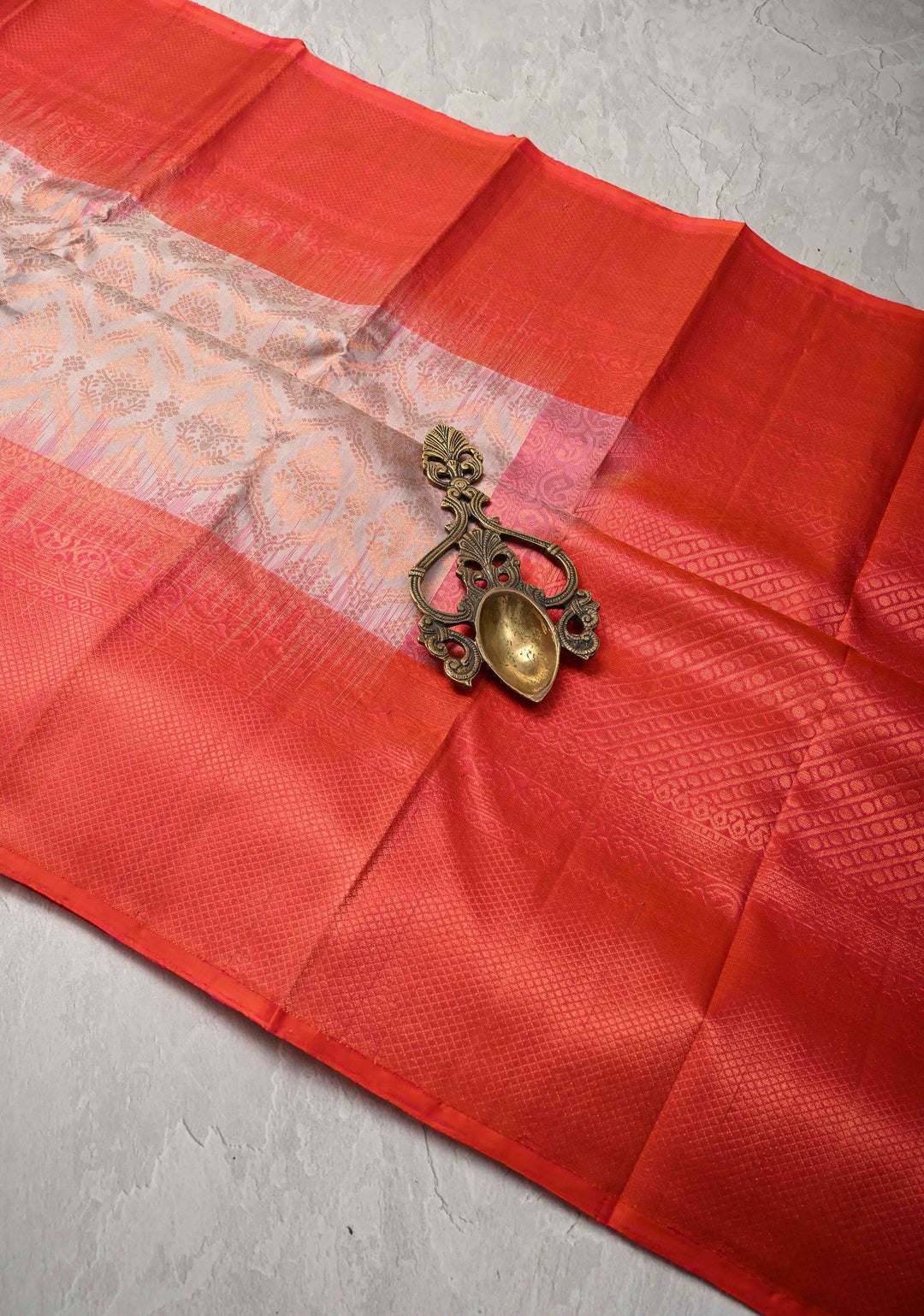 Taupe Kanjivaram Soft Silk Saree with Brocade Jaal and Contrast Zari Border | SILK MARK CERTIFIED