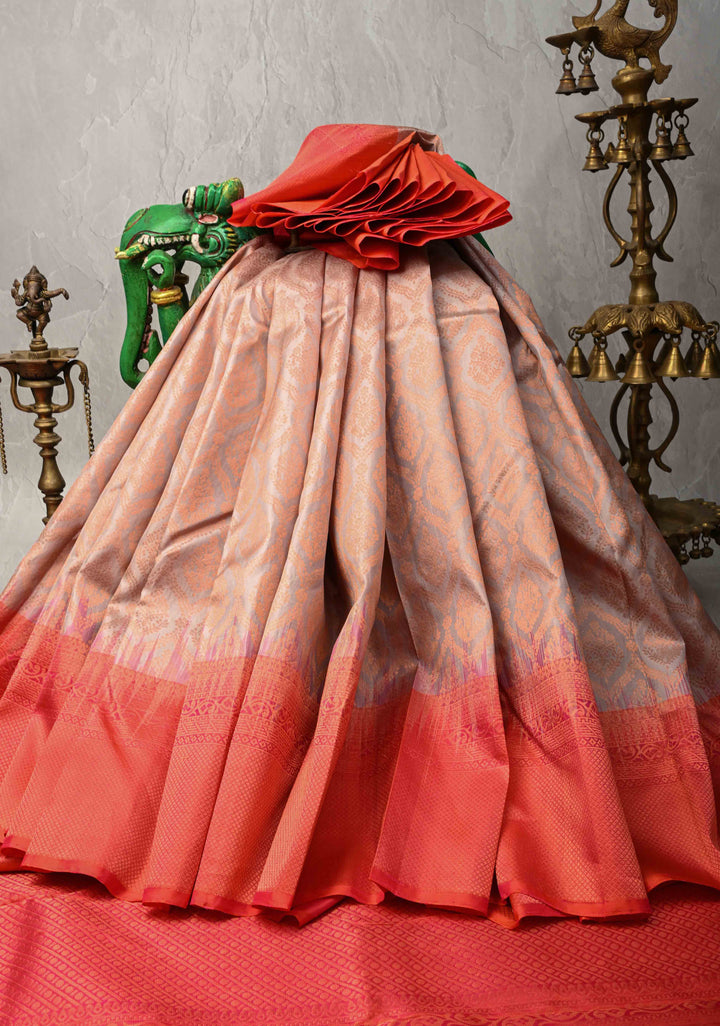 Taupe Kanjivaram Soft Silk Saree with Brocade Jaal and Contrast Zari Border | SILK MARK CERTIFIED