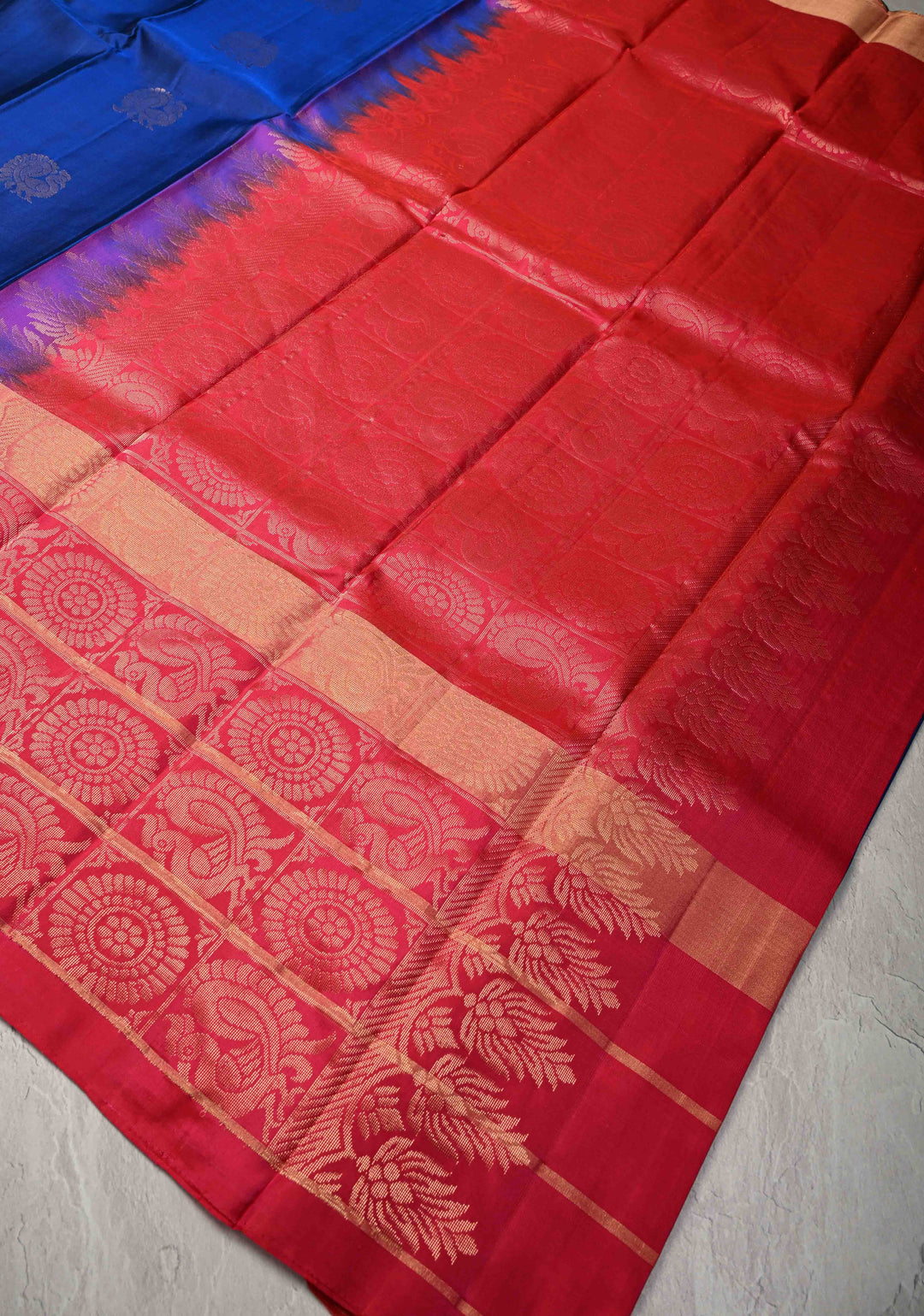 Blue Kanjivaram Soft Silk Saree with Peacock Buttas and Contrast Zari Checks Border | SILK MARK CERTIFIED